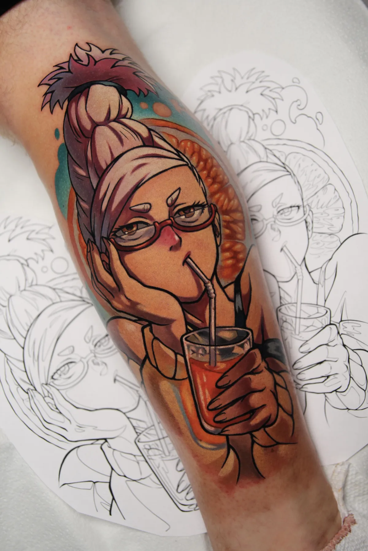 A dynamic anime tattoo of Seiko from Dandadan, capturing her calm demeanor, with bold linework and rich details that highlight her attitude. Tattooed by Orlando anime tattoo artist Ren Behan at xsadfamx