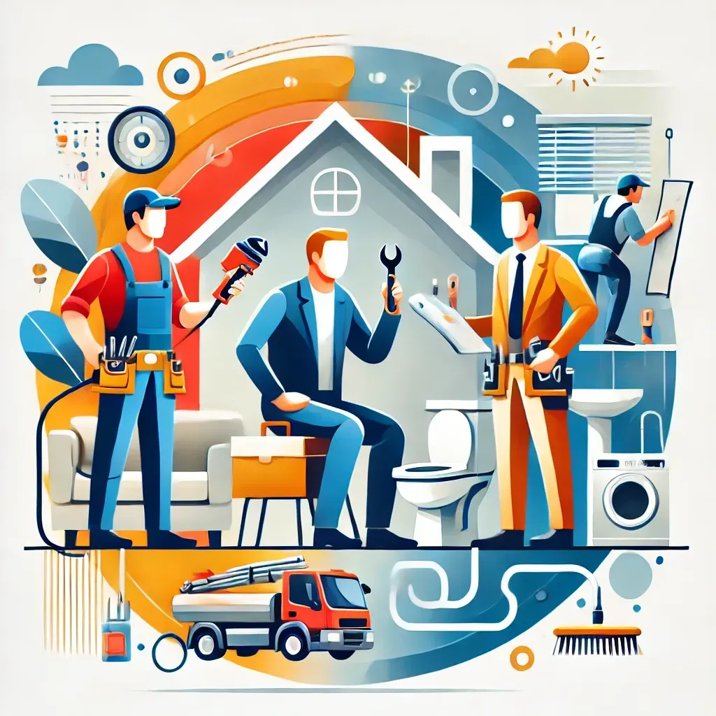 Alt text: A stylized illustration of diverse home service professionals, such as a plumber, electrician, and cleaner, actively working in a well-organized residential setting, symbolizing service excellence.