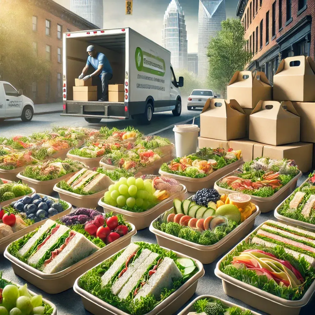 boxed lunches delivered in front of the charlotte skyline