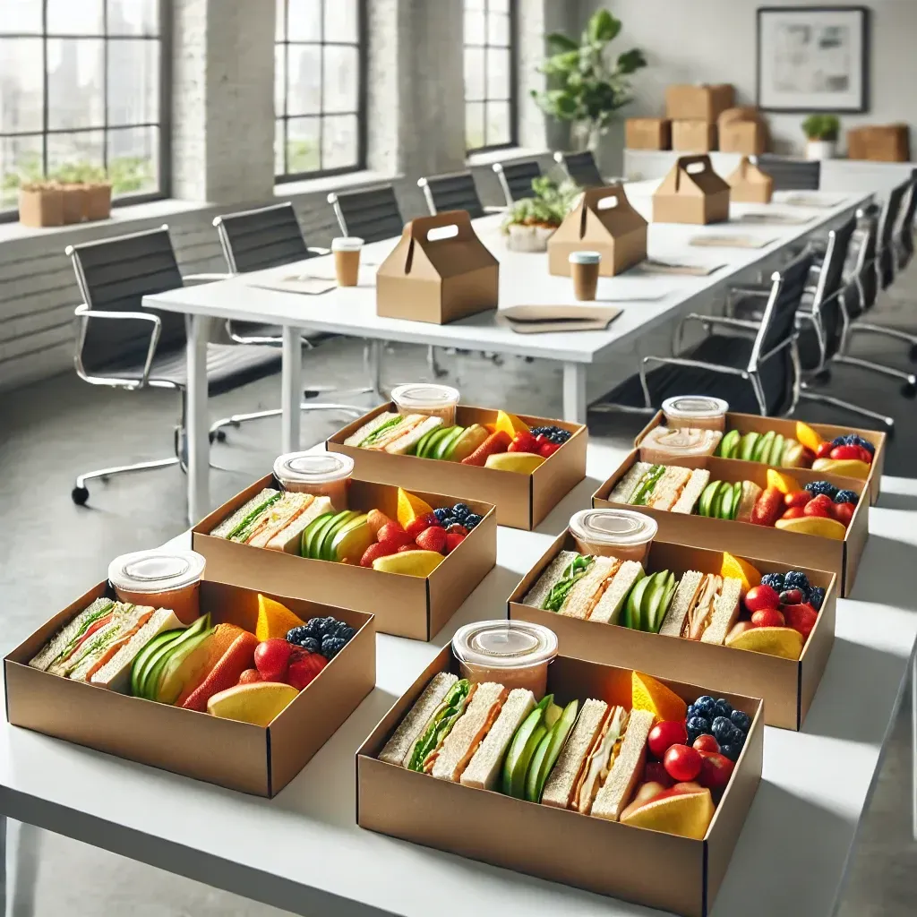 catered boxed lunch delivery setting at an office, with neatly packaged sandwiches