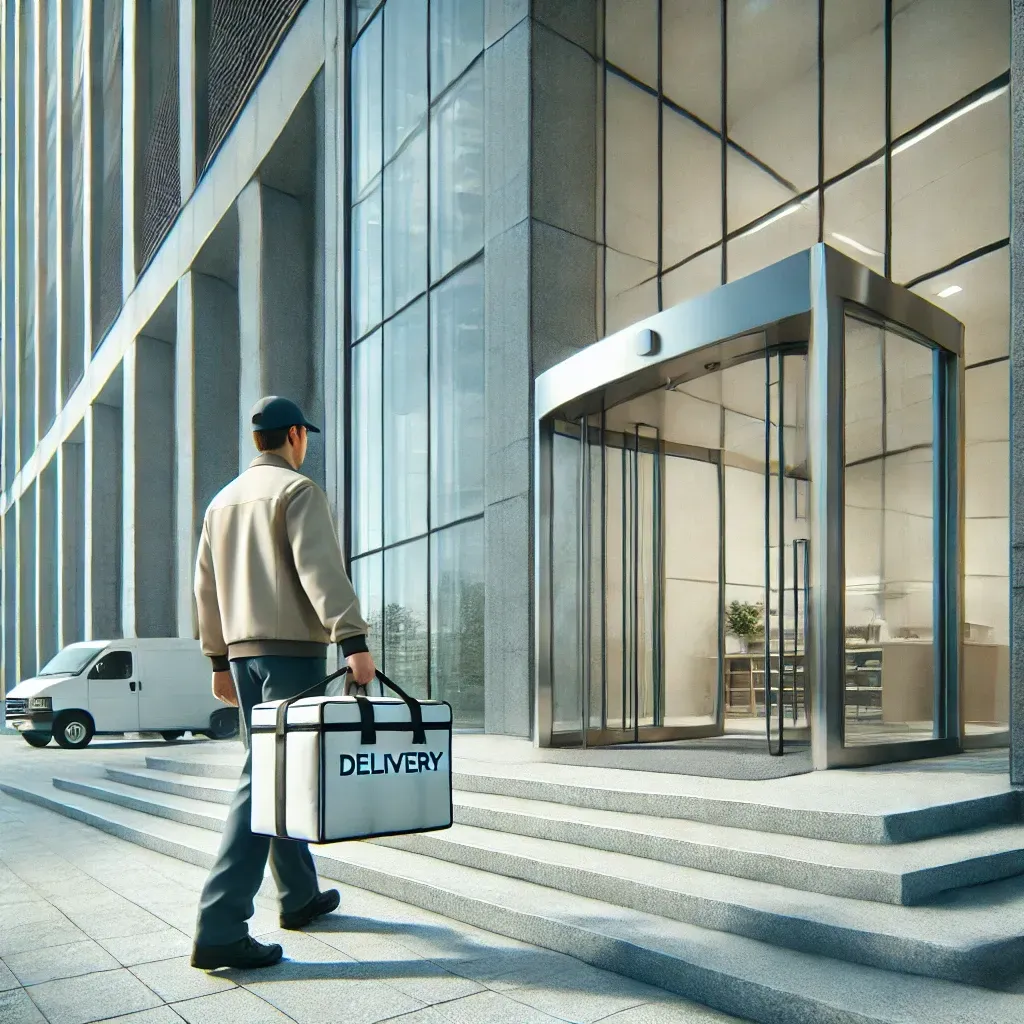 a delivery person walking up to a modern office building with a delivery bag, reflecting a professional and timely food delivery service