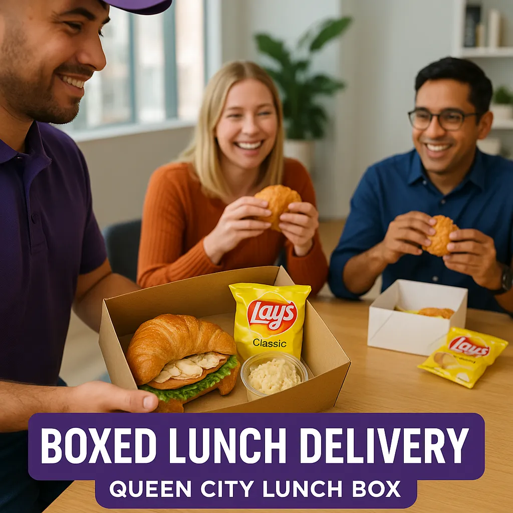 Employees in an office enjoying their boxed lunch catering