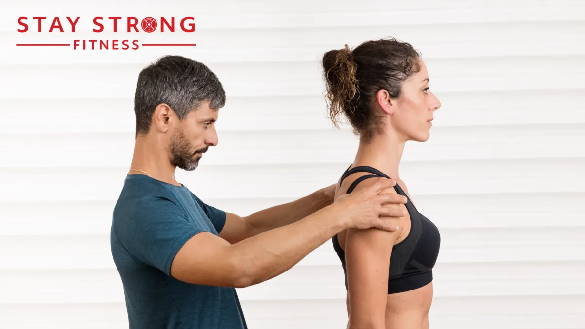 A man and woman performing a shoulder stretch with good posture.