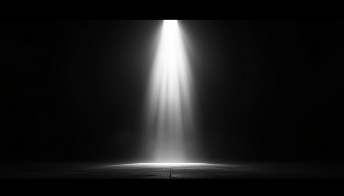 A thin beam of light breaking through a dark room, representing focused attention emerging from internal noise.