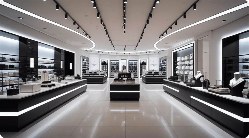 Retail space with ceiling LED lighting providing focused illumination across shelves and displays, enhancing product visibility and customer experience