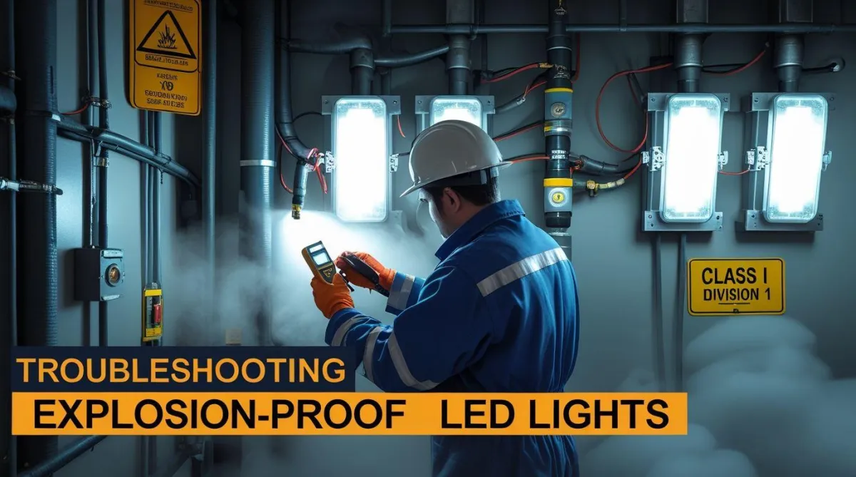 Industrial technician inspecting explosion-proof LED lighting in a hazardous environment with safety signage and diagnostic tools