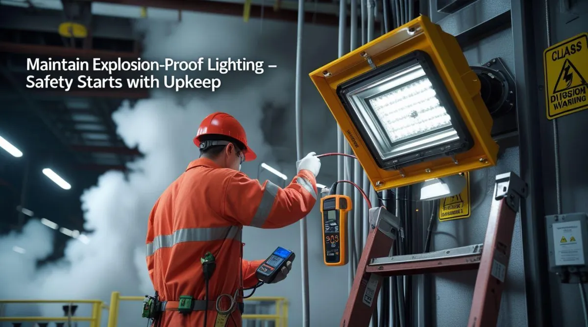 Technician servicing an explosion-proof LED fixture in a hazardous industrial facility with vapor hazards and safety tools