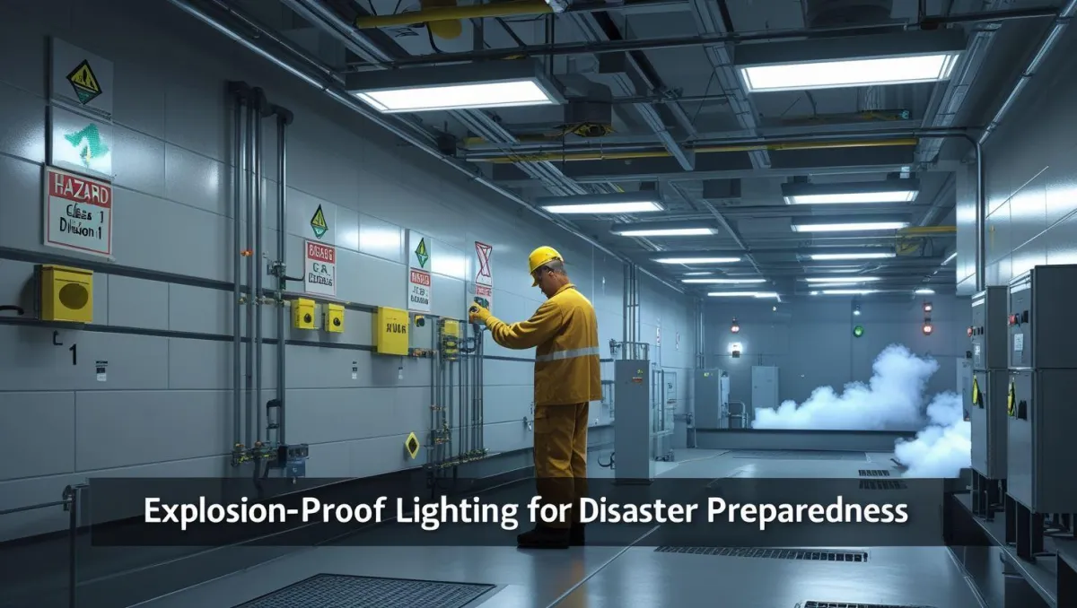 Explosion-proof LED lights illuminate a chemical plant emergency scenario with safety equipment and vapor hazards