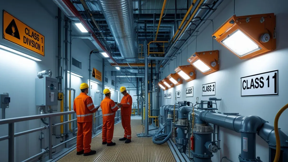 Technicians reviewing the installation of explosion-proof LED lighting in a hazardous industrial environment