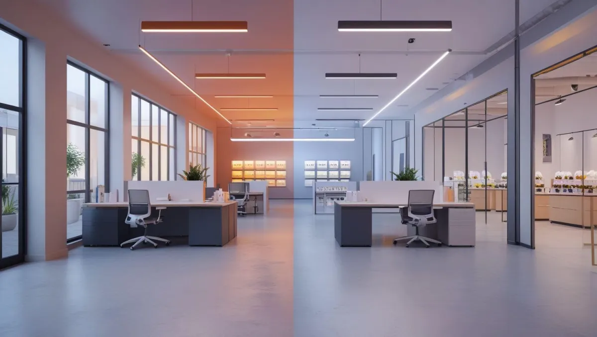 Commercial office space with varying LED color temperatures, illustrating the impact of lighting on ambiance and productivity