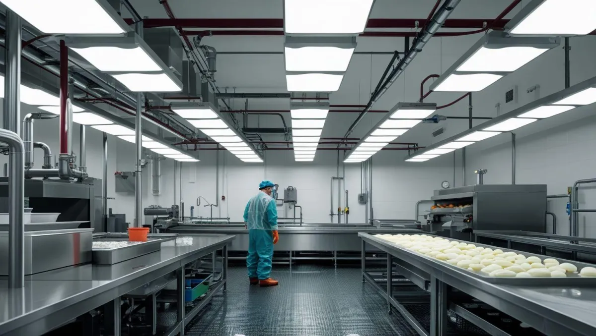 NSF-rated LED lights illuminating a food processing facility, ensuring hygiene and safety in a regulated environment