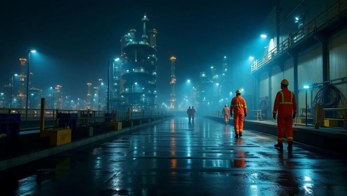 Advanced explosion-proof LED lights in an industrial setting, providing safe and efficient illumination in hazardous environments