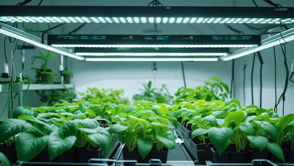 Indoor plants illuminated by full-spectrum LED grow lights, promoting healthy growth in a controlled environment