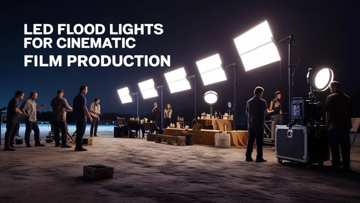 LED flood lights illuminating a night film set, enhancing lighting for a cinematic production