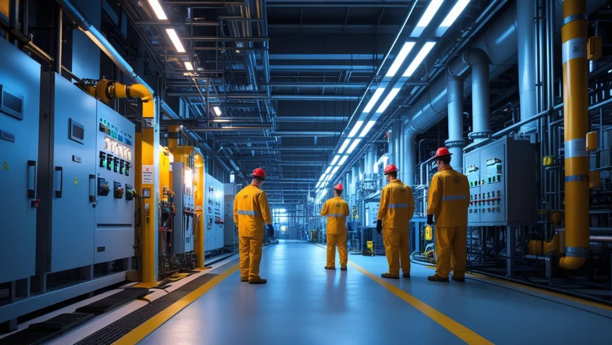 Explosion-proof LED lighting illuminating a hazardous industrial facility with safety standards in place and technicians inspecting the area