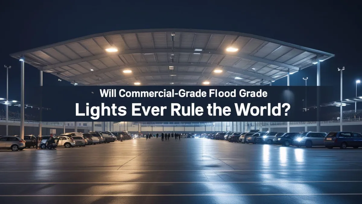 Commercial-grade flood lights illuminating a large outdoor area, enhancing safety and visibility in commercial spaces