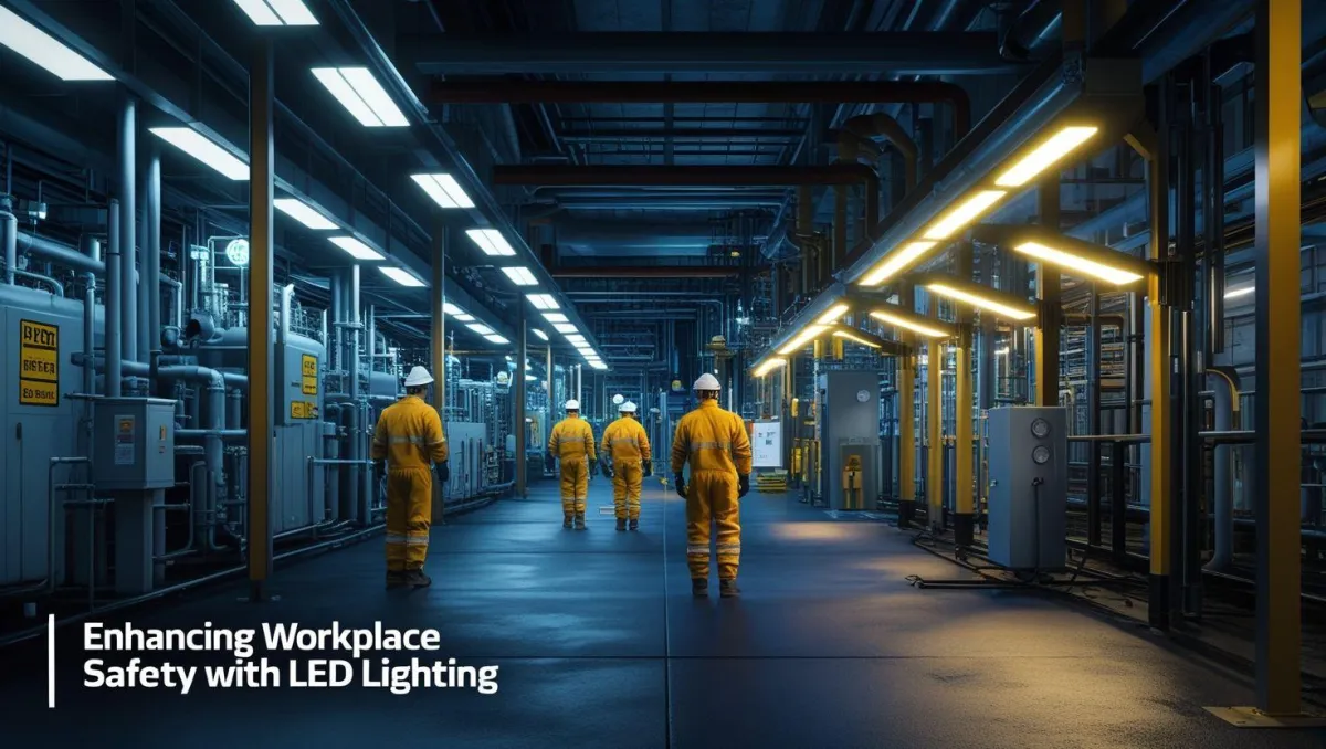 Explosion-proof LED lights in a hazardous industrial setting, enhancing visibility and worker safety