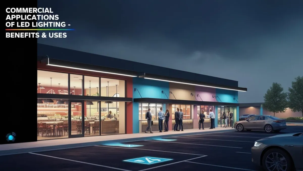 Modern LED lighting in a variety of commercial settings, including office, retail, and outdoor areas, enhancing efficiency and ambiance