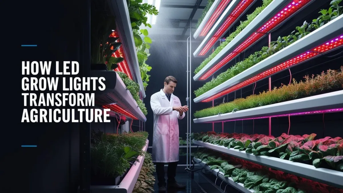 Indoor vertical farm using LED grow lights with full-spectrum settings, supporting efficient and sustainable agriculture