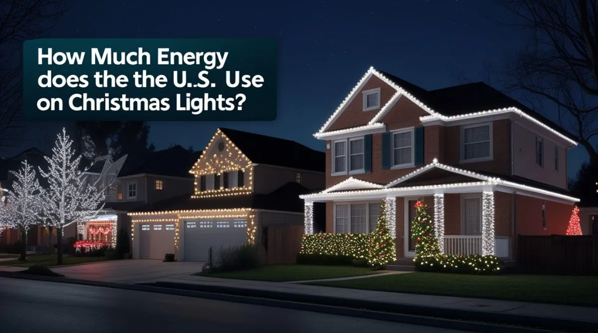 Suburban neighborhood at night with houses decorated in Christmas lights, illustrating energy consumption differences between LED and incandescent lighting
