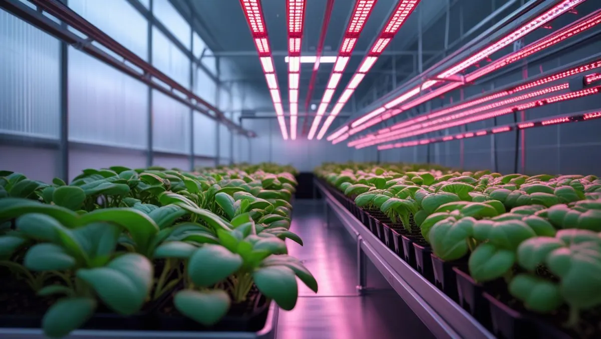 Indoor hydroponic greenhouse illuminated by GL-J Series full-spectrum LED grow lights, promoting healthy plant growth