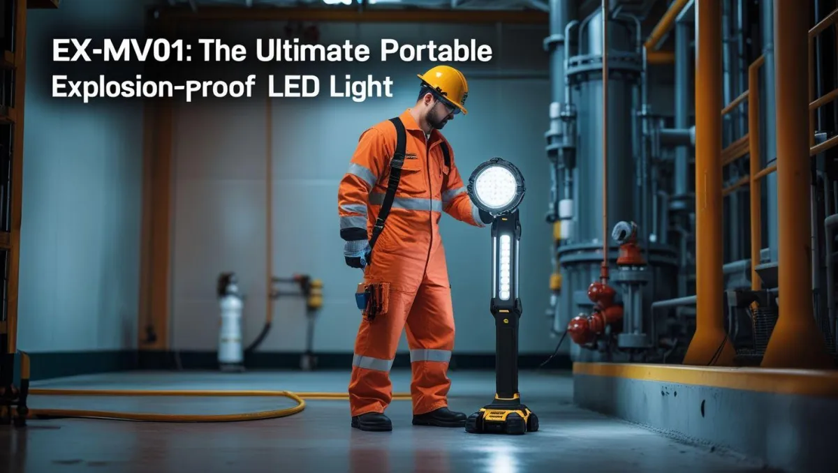 Technician utilizing the EX-MV01 portable explosion-proof LED work light in a hazardous industrial setting, highlighting its safety and portability features