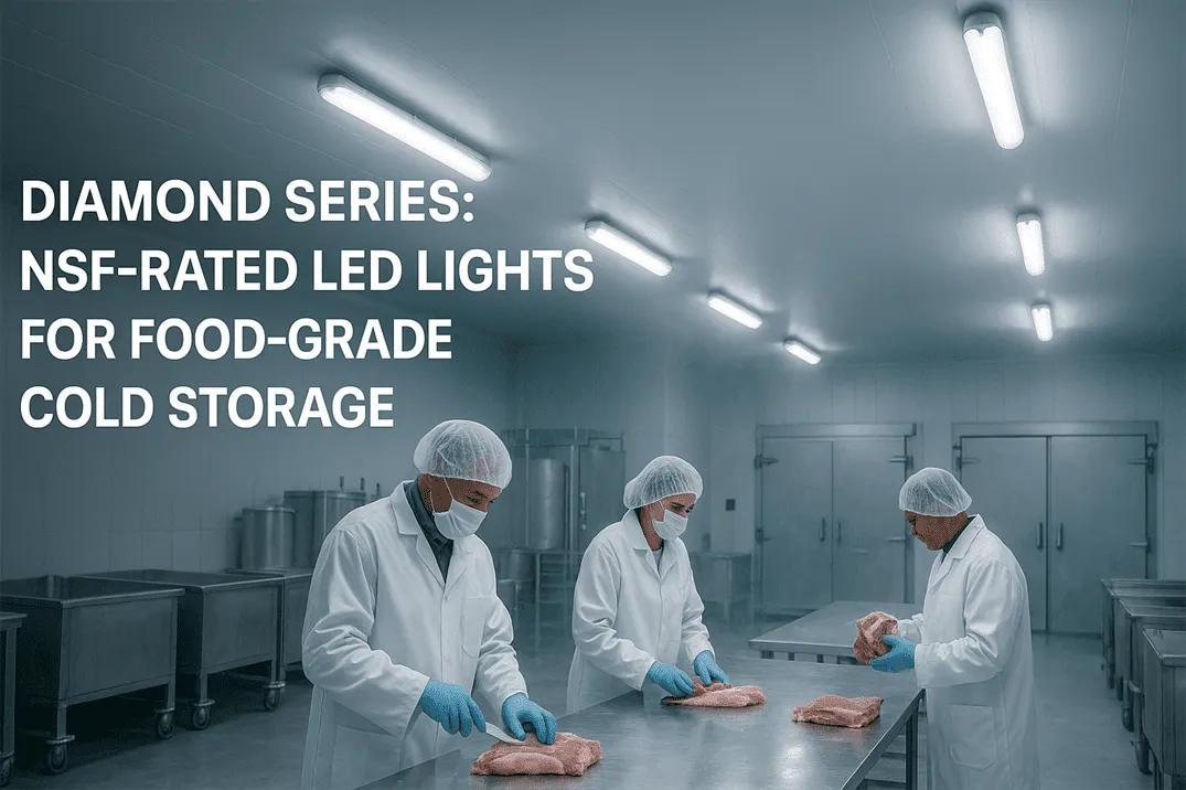 Diamond Series NSF-rated LED lights illuminating a hygienic food-grade cold storage or meat processing facility