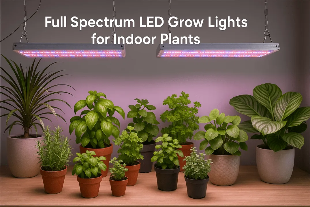 Indoor garden with various plants thriving under full-spectrum LED grow lights, showcasing balanced red, blue, and white illumination
