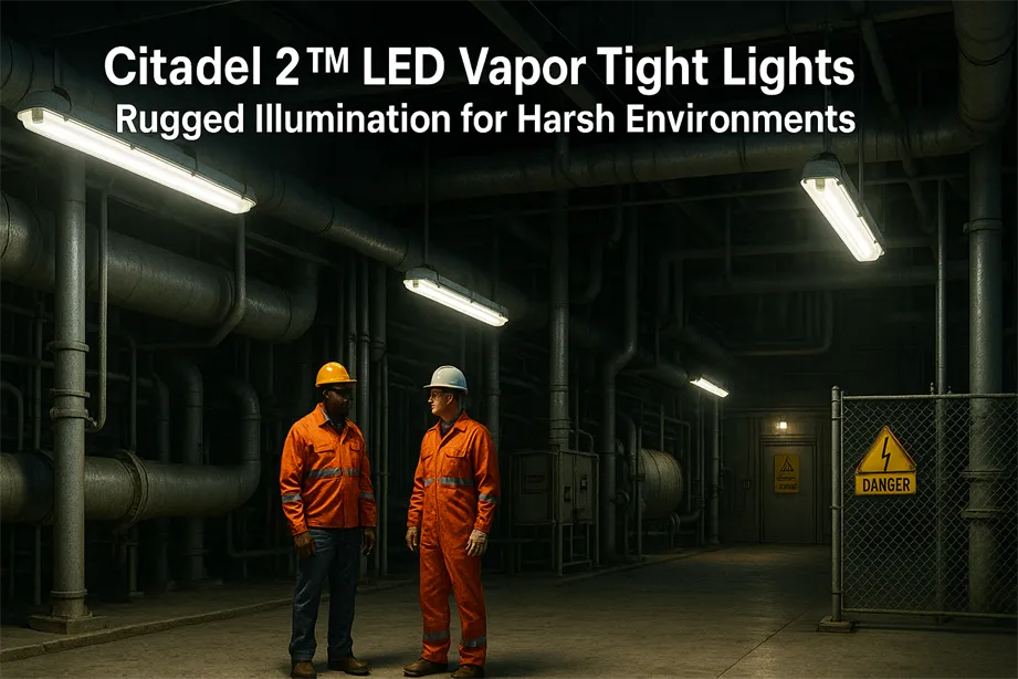 Citadel 2™ LED vapor-tight lights in a harsh industrial setting, providing rugged illumination and enhanced safety