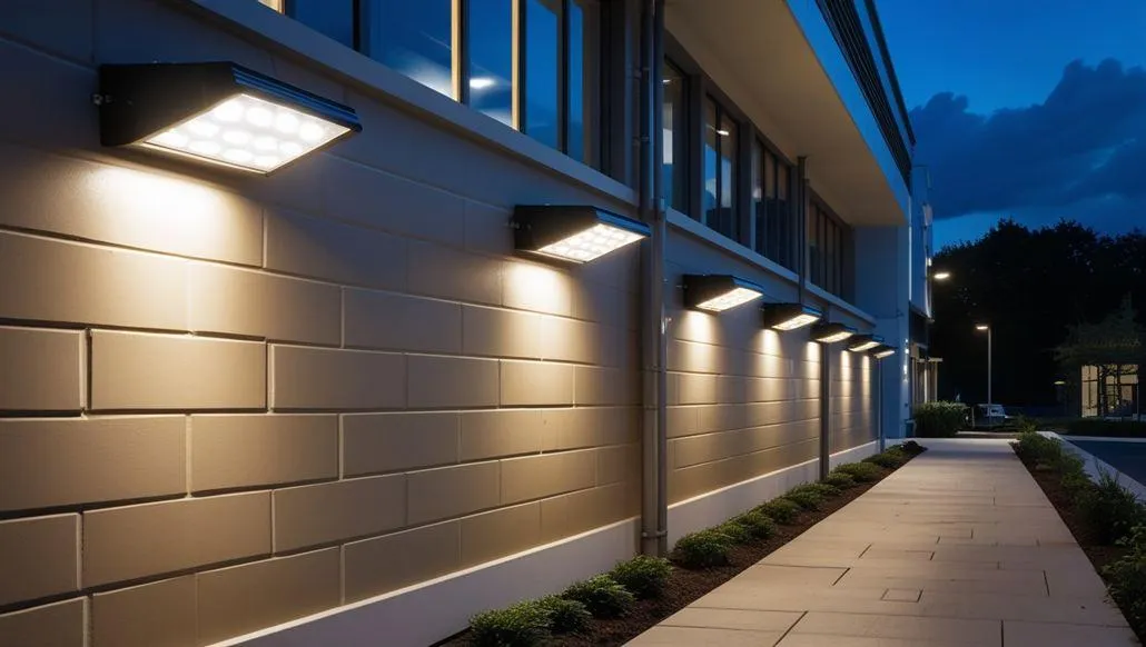 LED wall pack lights illuminating a commercial building exterior