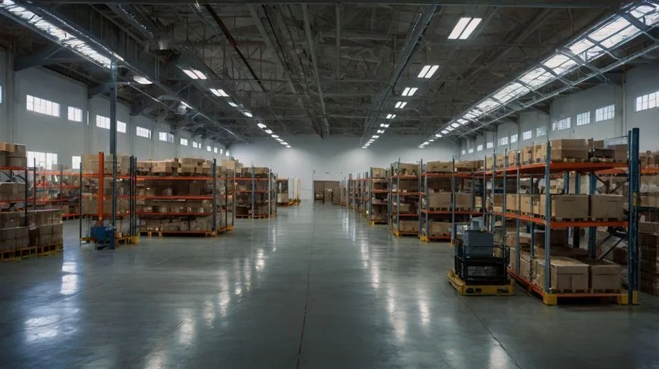 Industrial warehouse with fluorescent and LED high bay lighting