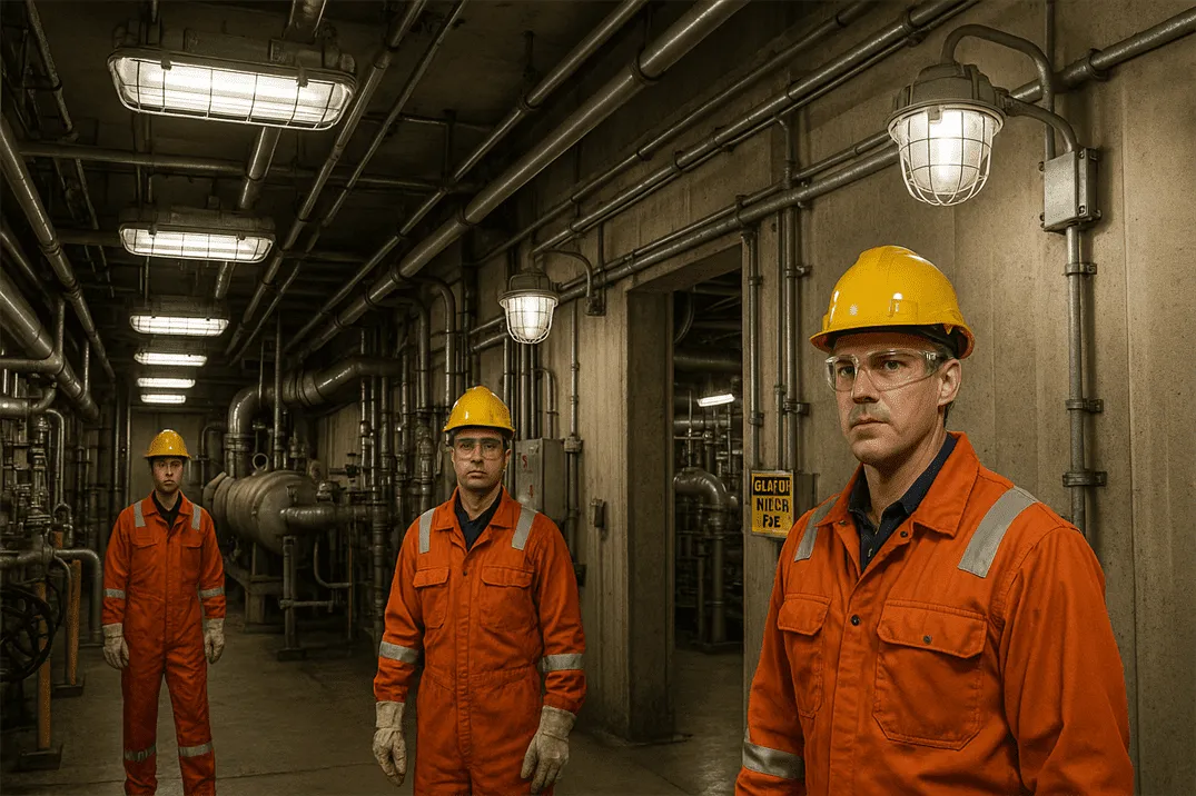 Fluorescent explosion-proof lights in an industrial facility