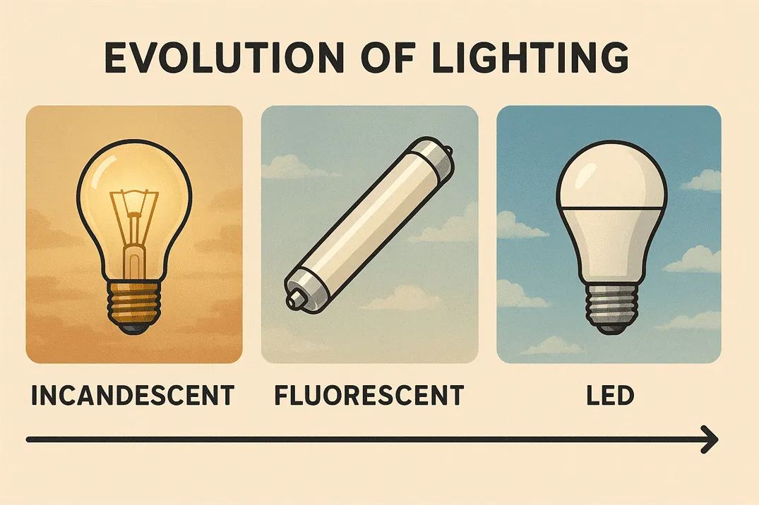Illustration depicting the progression from incandescent bulbs to fluorescent lamps and modern LED lighting