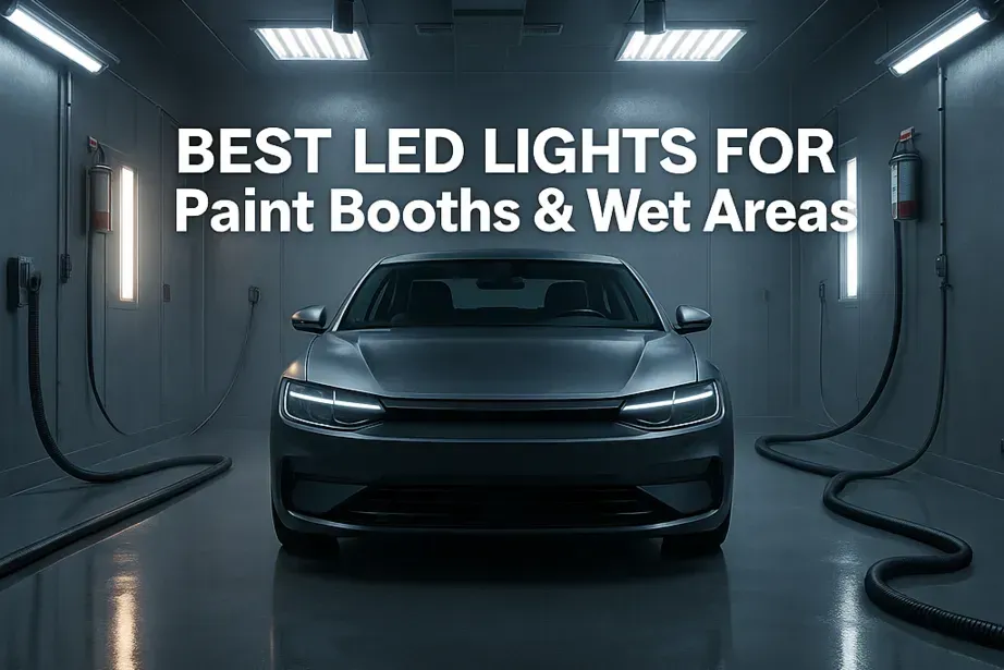 Paint booth with explosion-proof LED lighting and adjacent wet area featuring sealed vapor-tight LED fixtures