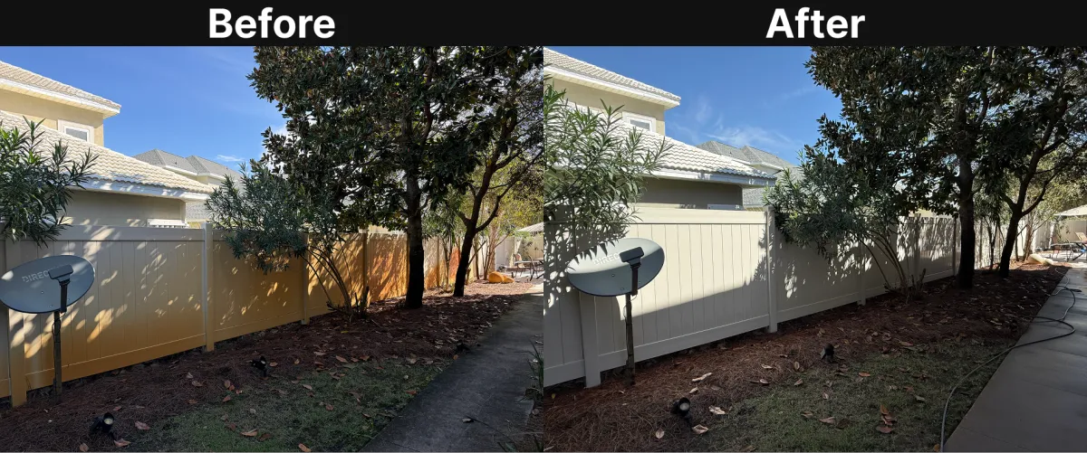 Side-by-side before and after image of a vinyl backyard fence professionally cleaned with pressure washing, showing restored brightness.
