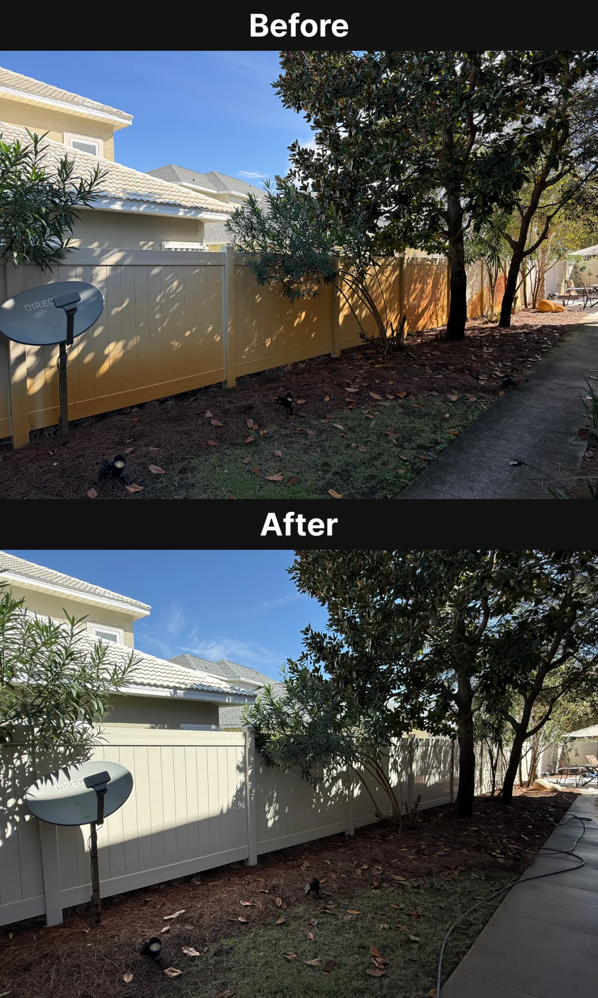 Side-by-side before and after image of a vinyl backyard fence professionally cleaned with pressure washing, showing restored brightness.