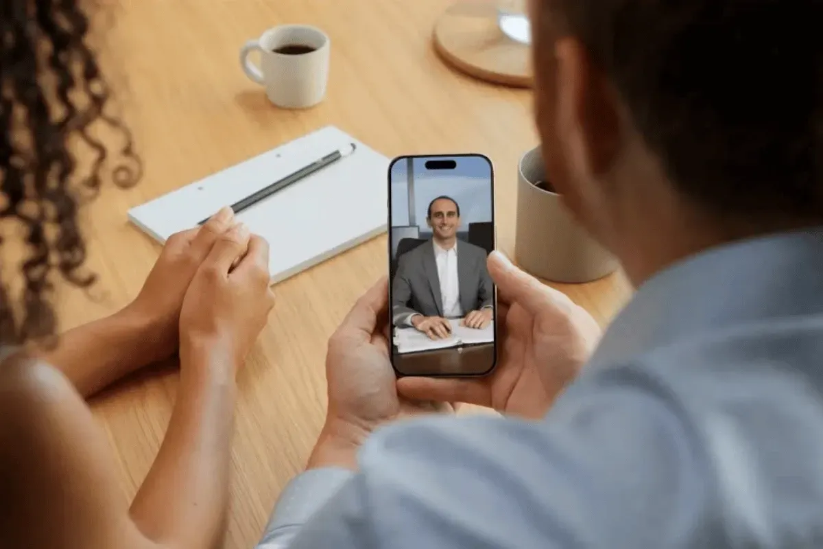 A couple sits at a table on a live Q&A call with a former IRS agent shown on a smartphone screen.