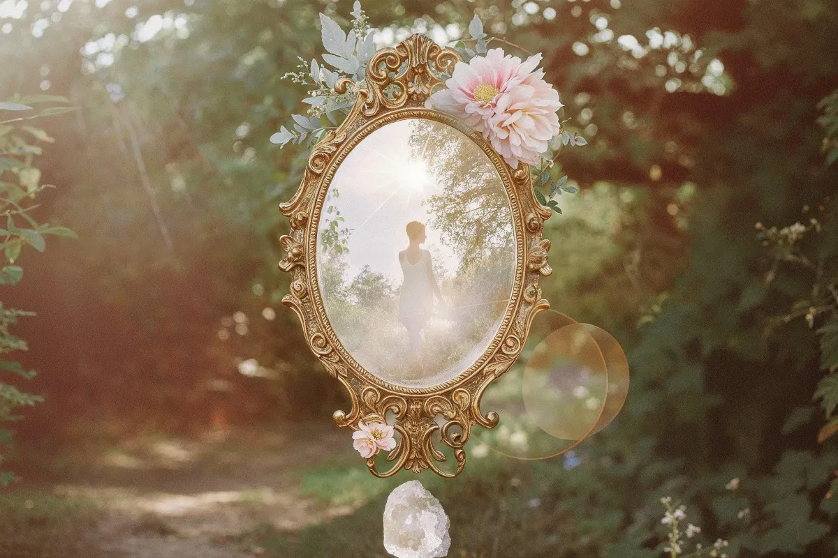 An ornate, gold-framed mirror adorned with pink flowers and greenery, reflecting the silhouette of a person standing in a sunlit, lush garden. A clear crystal hangs beneath the mirror, enhancing the ethereal and peaceful atmosphere of the scene.