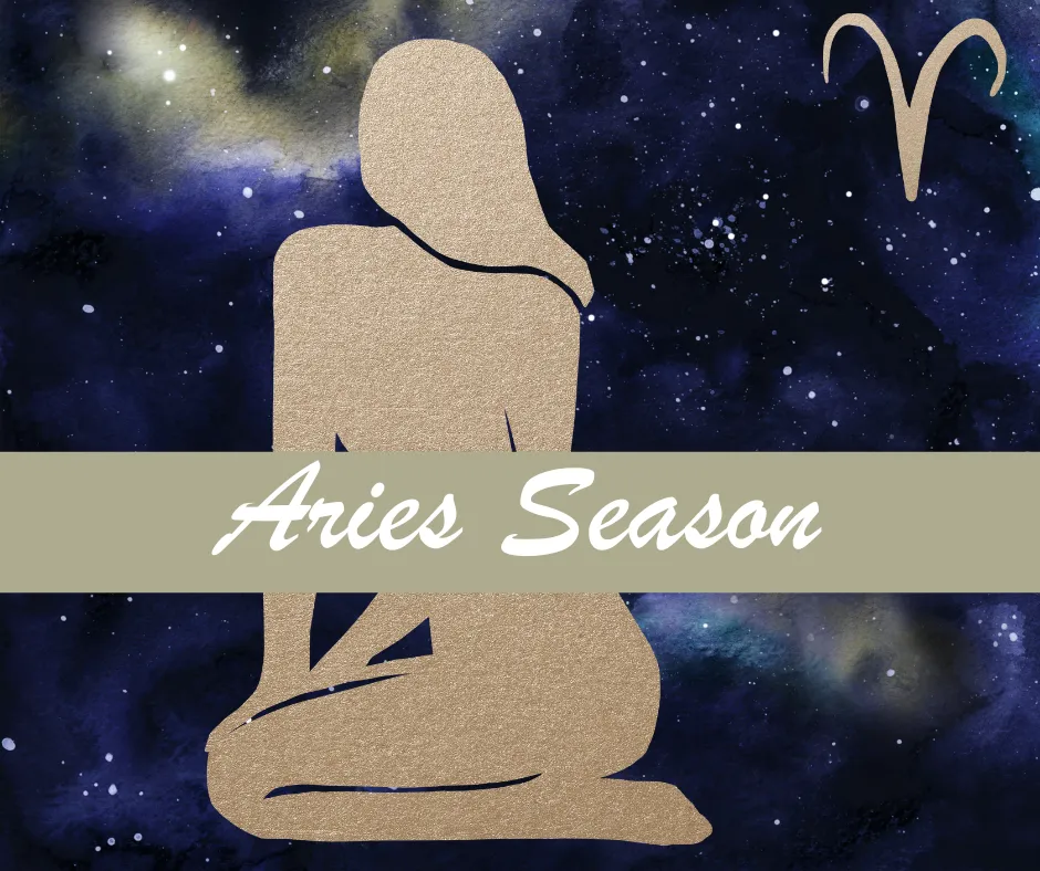 words with Aries Season and gold woman's figure