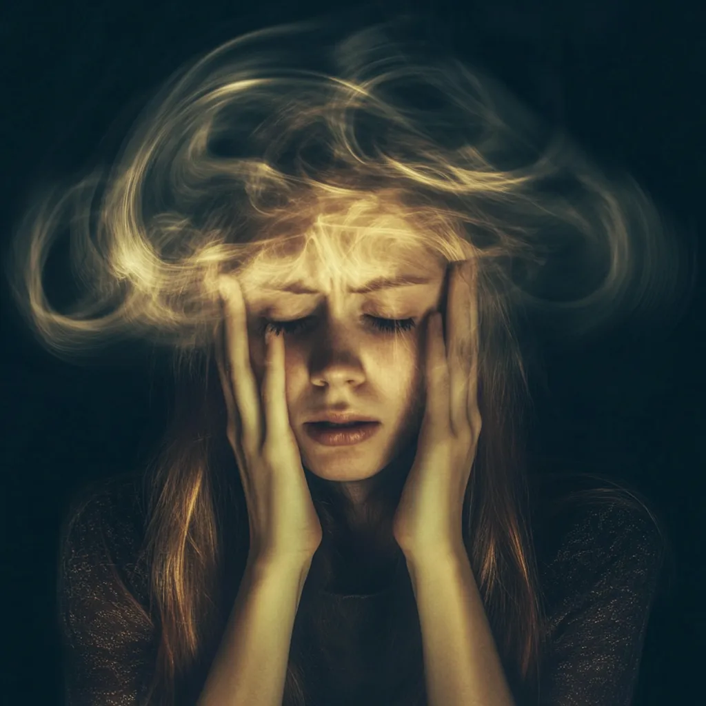 woman holiding her head with loads of energy spinning around here