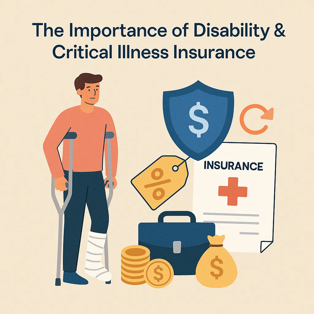 Flat-style illustration for “The Importance of Disability & Critical Illness Insurance,” featuring a man on crutches with a leg cast, a shield with a dollar sign, insurance document with a red cross, discount tag, money bag, coins, and briefcase on a beige background.