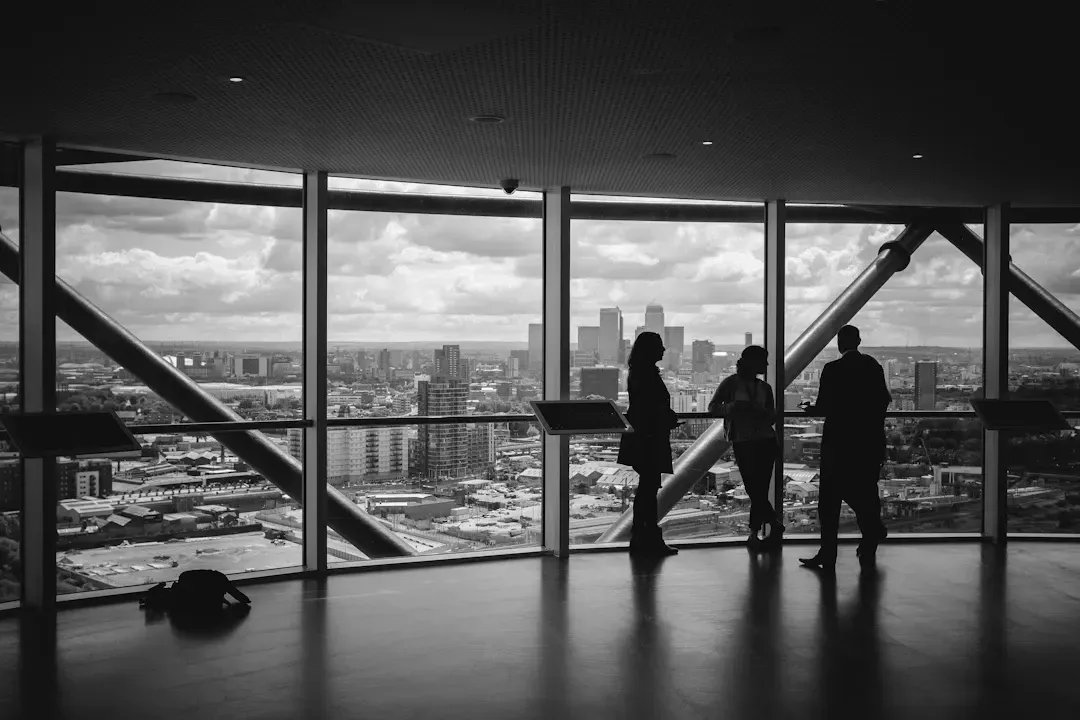 Looking out at a cityscape from an empty office block ready to build
