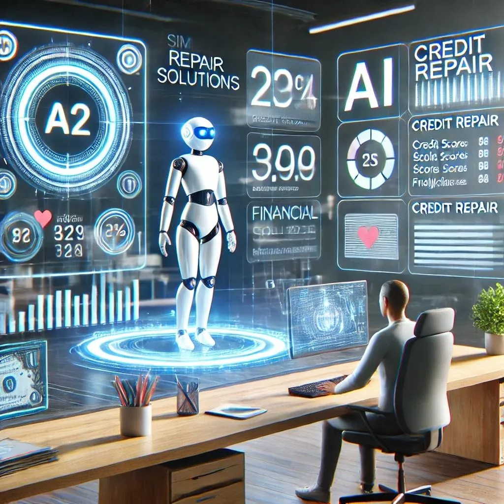 Futuristic illustration of AI-powered credit repair solutions featuring holographic screens displaying credit scores and analytics, with a friendly AI assistant in a modern tech-driven office setting, symbolizing innovation and financial empowerment.