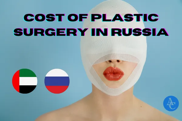 An image of a female face covered in white bandages, representing the post-surgery recovery process after undergoing plastic surgery in Russia. The background displays the flags of Russia and UAE, emphasizing the option for Dubai and UAE residents to receive high-quality care at facilities such as the AmirKhanov Clinic