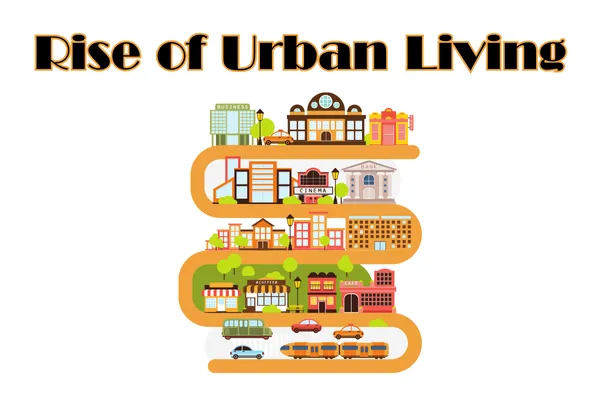 The image portrays a vibrant illustration of urban living, showcasing multiple levels of city life. Each tier includes a variety of urban amenities such as shops, cafes, office buildings, parks, and public transport, capturing the essence of a bustling city environment. The roads and pathways connecting these elements emphasize the density and convenience of city living. The bold title, "Rise of Urban Living," reflects the resurgence of interest in city life, where proximity to work, entertainment, and essential services is highly valued. It suggests a trend of people gravitating towards urban centers for a more connected, walkable lifestyle.