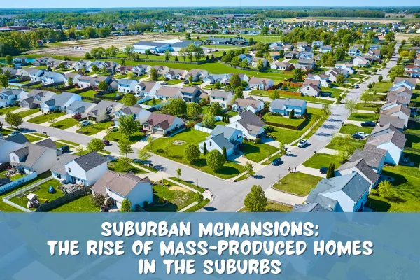 The image shows a vast suburban neighborhood with rows of nearly identical, large homes spread across well-manicured lawns. The scene highlights the uniformity and scale of suburban development, with wide streets and houses designed for family living. The title, "Suburban McMansions: The Rise of Mass-Produced Homes in the Suburbs," calls attention to the trend of building large, mass-produced homes in suburban areas. These "McMansions" often prioritize size and quantity over architectural uniqueness, reflecting the demand for affordable, spacious living in the suburbs. This image encapsulates the growth of these developments and their influence on suburban landscapes.