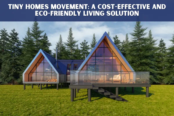 The image showcases a pair of sleek, modern tiny homes with triangular A-frame designs set against a backdrop of lush evergreen trees. Large windows allow for natural light, giving the homes an open, airy feel despite their compact size. Elevated slightly off the ground, these homes exemplify eco-friendly construction, blending seamlessly with the natural surroundings. The headline, "Tiny Homes Movement: A Cost-Effective and Eco-Friendly Living Solution," highlights the growing trend of downsizing for a more sustainable and affordable lifestyle. This emphasizes how tiny homes offer an innovative, minimalist approach to living that prioritizes environmental responsibility and financial efficiency.