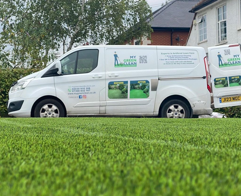 My Green Clean van parked beside an artificial grass lawn