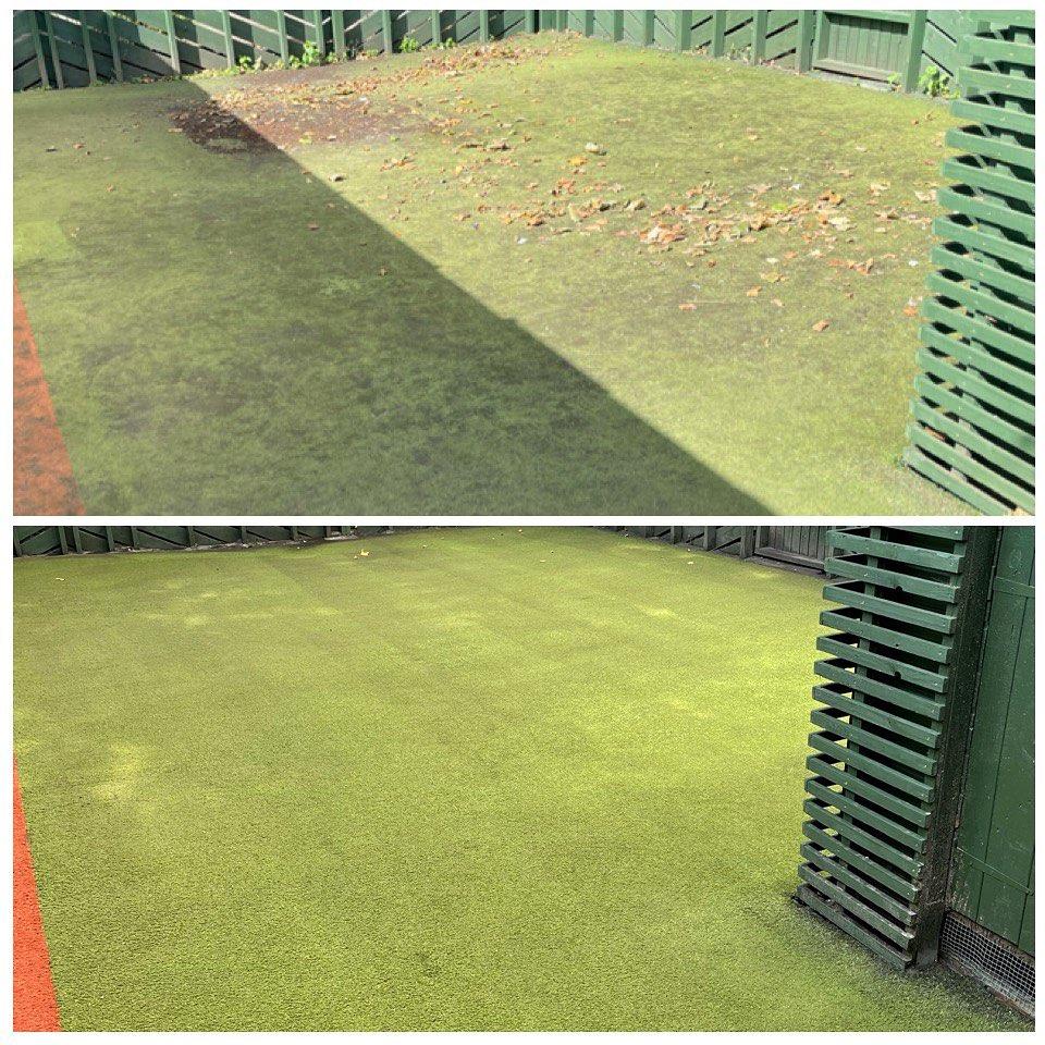 Before and after artificial grass cleaning on a sports surface with moss removed