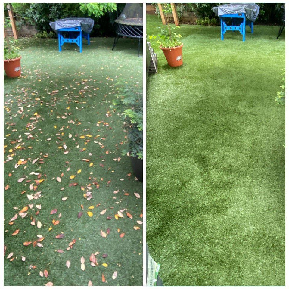 Before and after of artificial grass showing leaf litter cleared and surface brightened